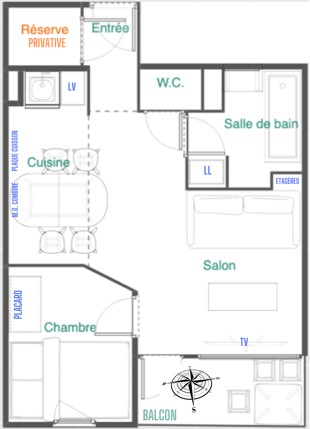 Plan de l'appartement : cuisine, salon, chambre, salle de bain, WC et balcon