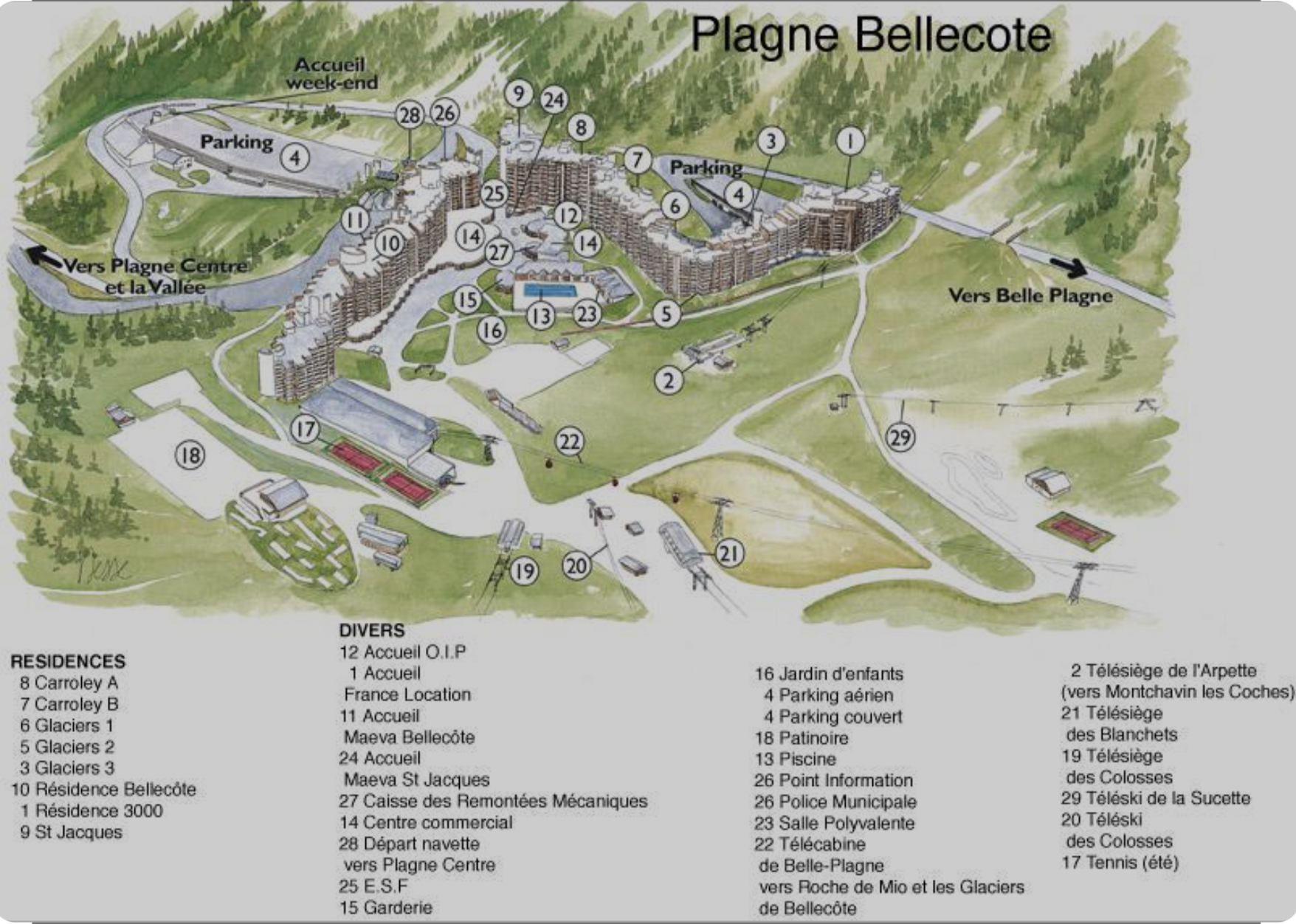 Plan illustré de la station Plagne Bellecôte avec légende numérotée